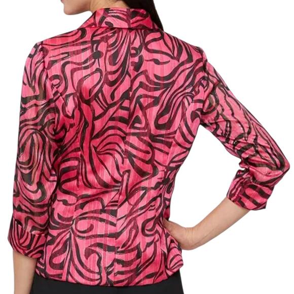 Alex Evenings Fuchsia Pink Black Metallic Print Blouse 3/4 Sleeve Wrap Top Small - Picture 2 of 10